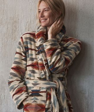Woman wearing a plus Pendleton Bathrobe