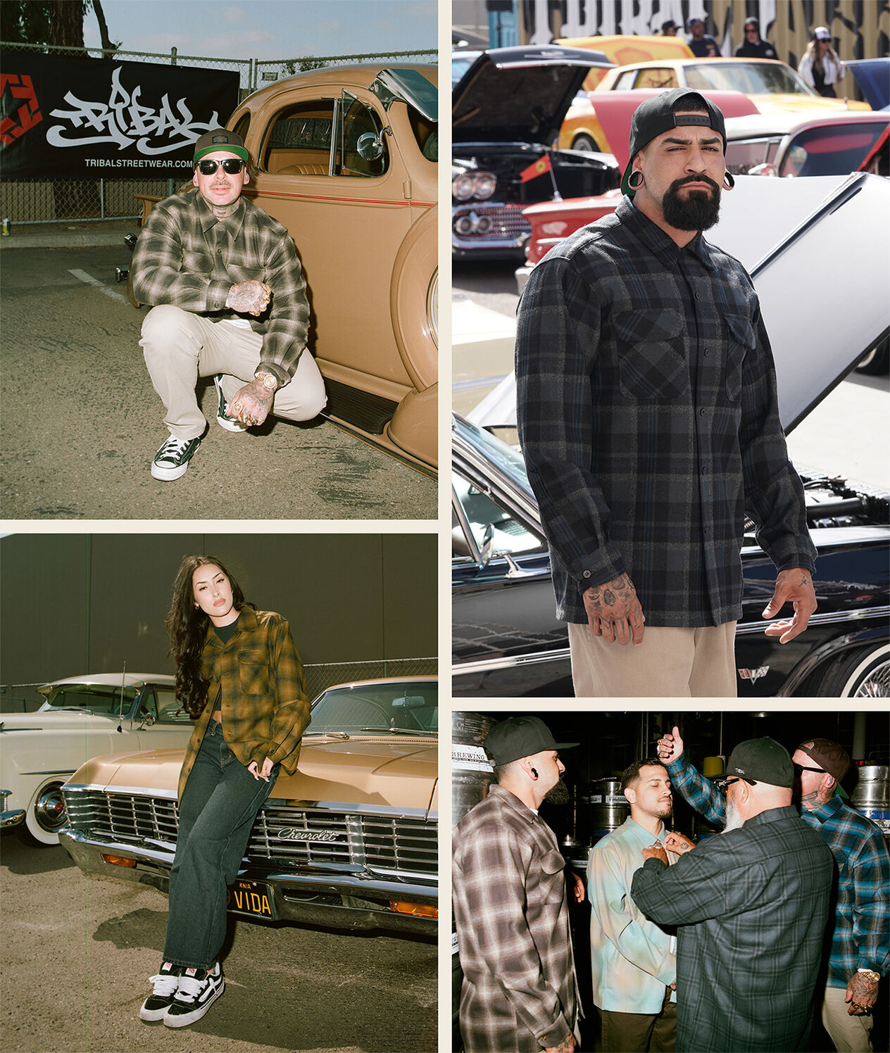 collage of lifestyle images from a classic car show, including many different colors and patterns of Pendleton board shirts worn by the people attending