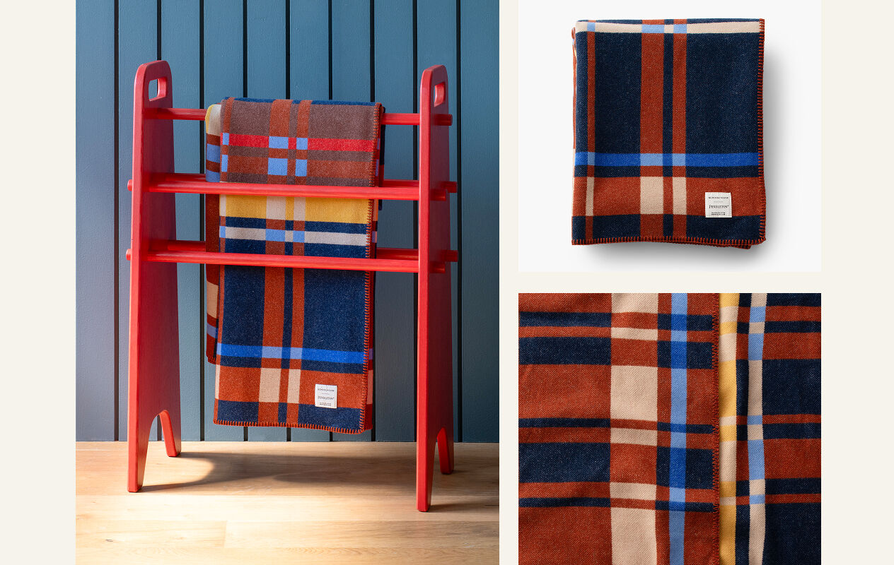 Scholhouse collaboration throw blanket, with modern plaid design, in warm brown blue yellow and orange