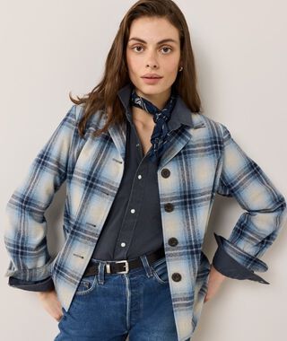Woman wearing a Plaid Pendleton 49er Jacket