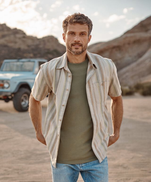 Mens Stripe Cotton Camp Shirt