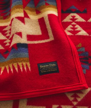 Close up view of a colorful patterned Pendleton blanket