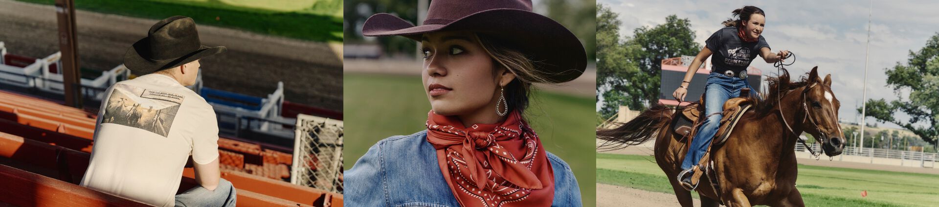 Scenes from a rodeo featuring cowboys and cowgirls in Pendleton appare.