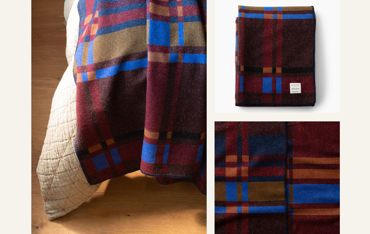Schoolhouse collaboration throw blanket, with modern plaid design, in magenta blue olive green and brown