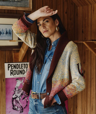 Woman outside wearing a Pendleton sweater