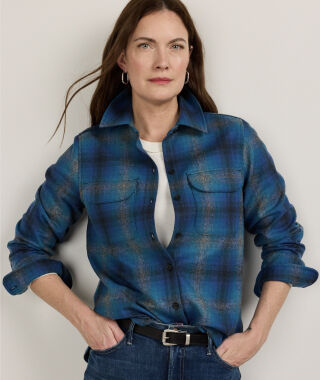 Woman wearing a Pendleton plaid shirt