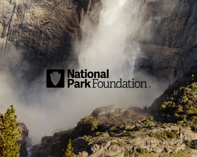 Waterfall at Yosemite National Park with National Park Foundation Logo overlayed