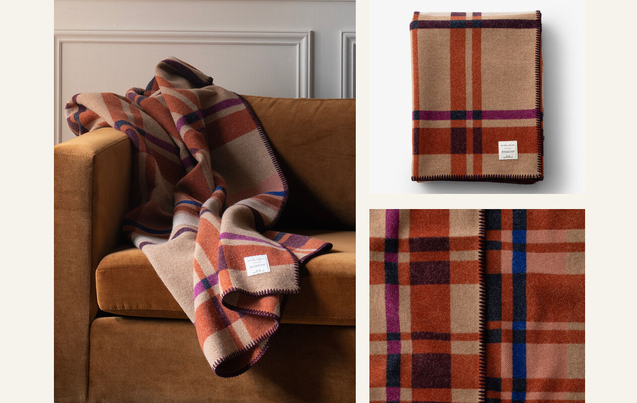 Schoolhouse collaboration throw blanket, with square modern plaid pattern, in light brown orange and magenta