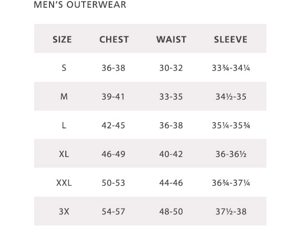 Mens Coat Size Chart